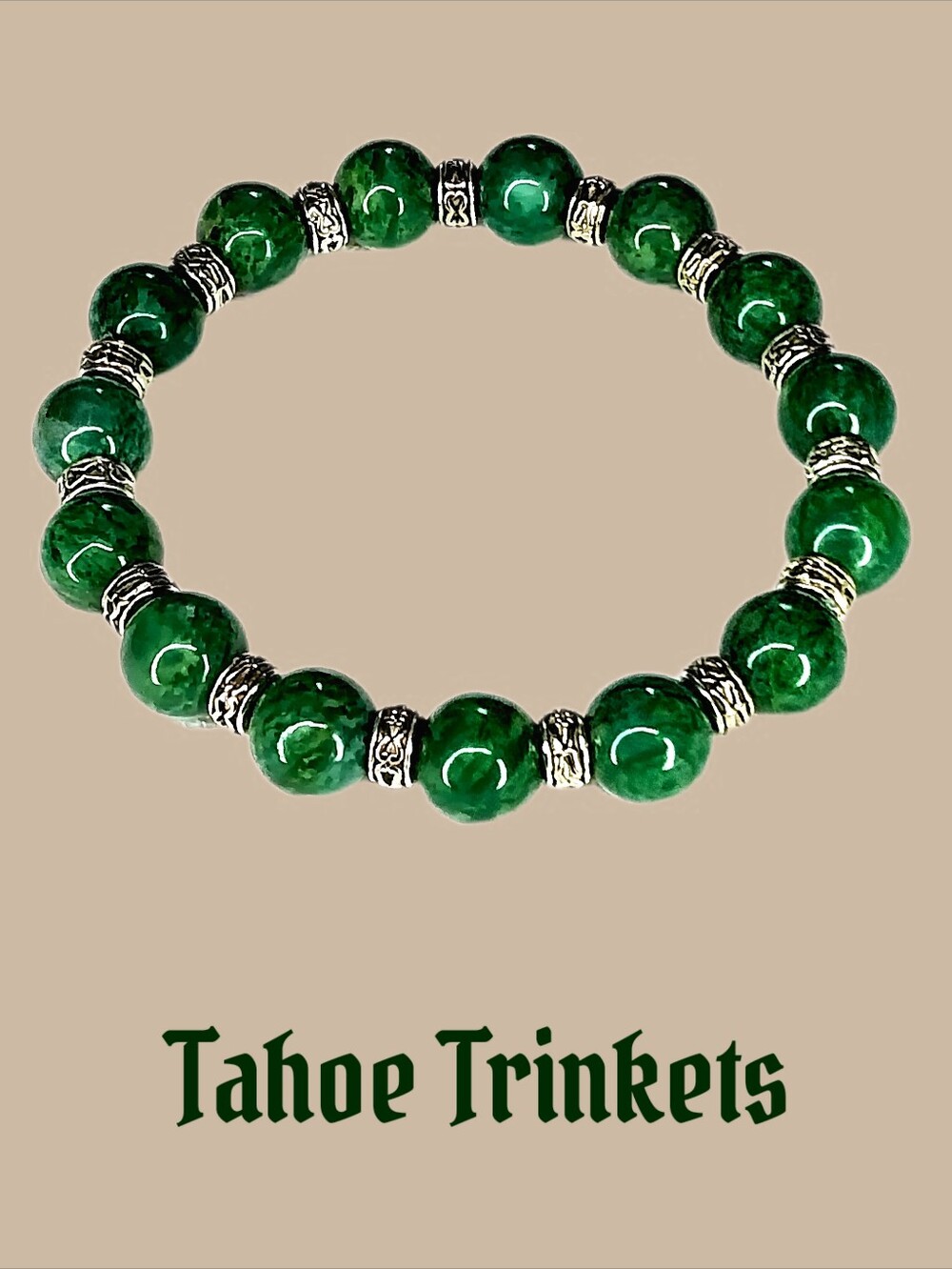 Deep Green Emerald Jade Beaded Stretch Bracelet With Tibetan Silver Accents Gift